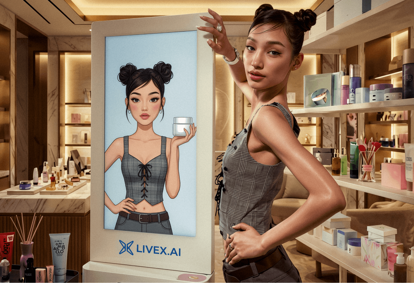 Retail shoppers engaging with a LiveX AI experience in a store.
