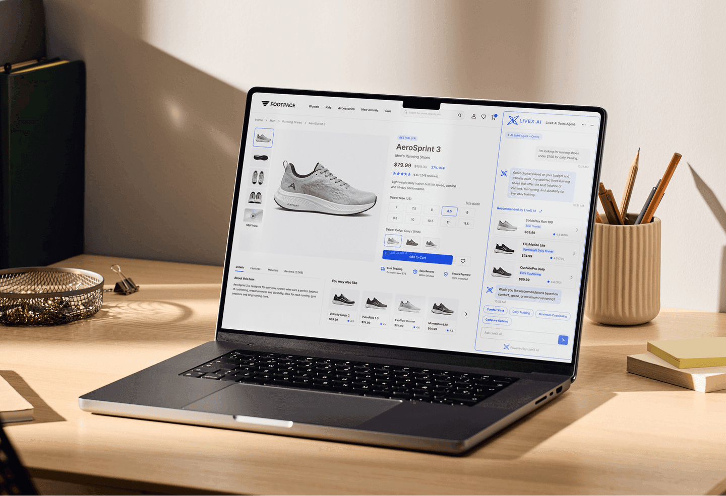 A laptop showing a LiveX AI SaaS commerce experience on a desk.