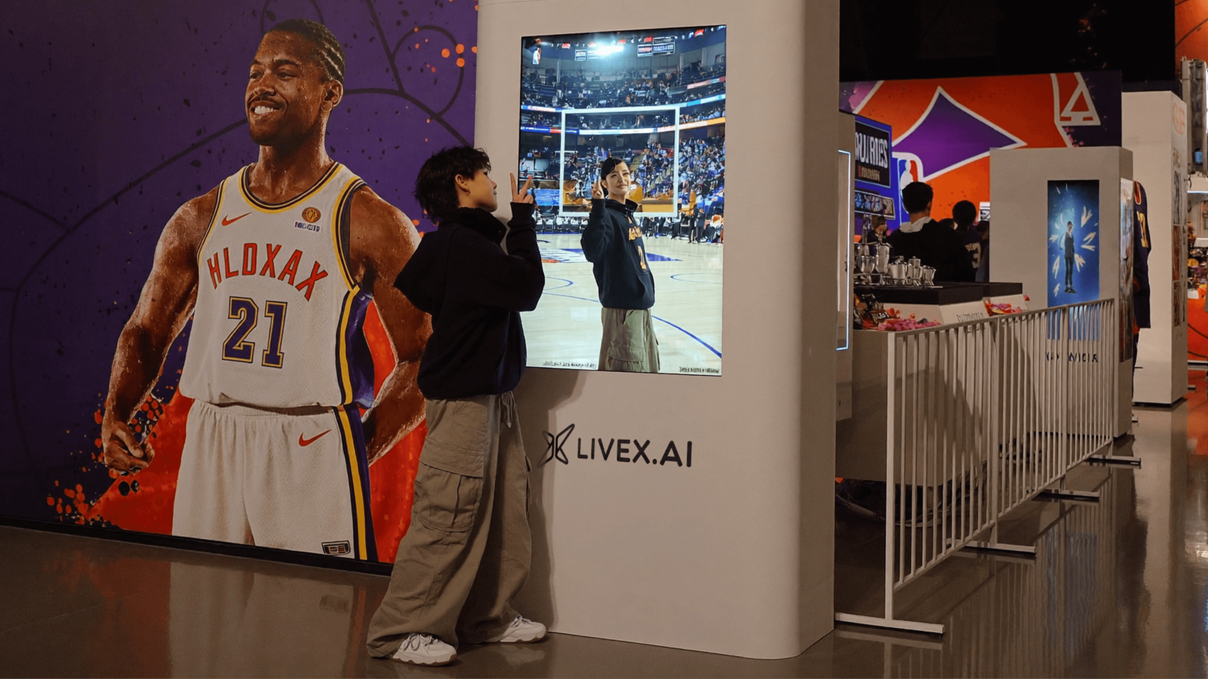 Fans interacting with a LiveX hologram display inside a sports stadium.